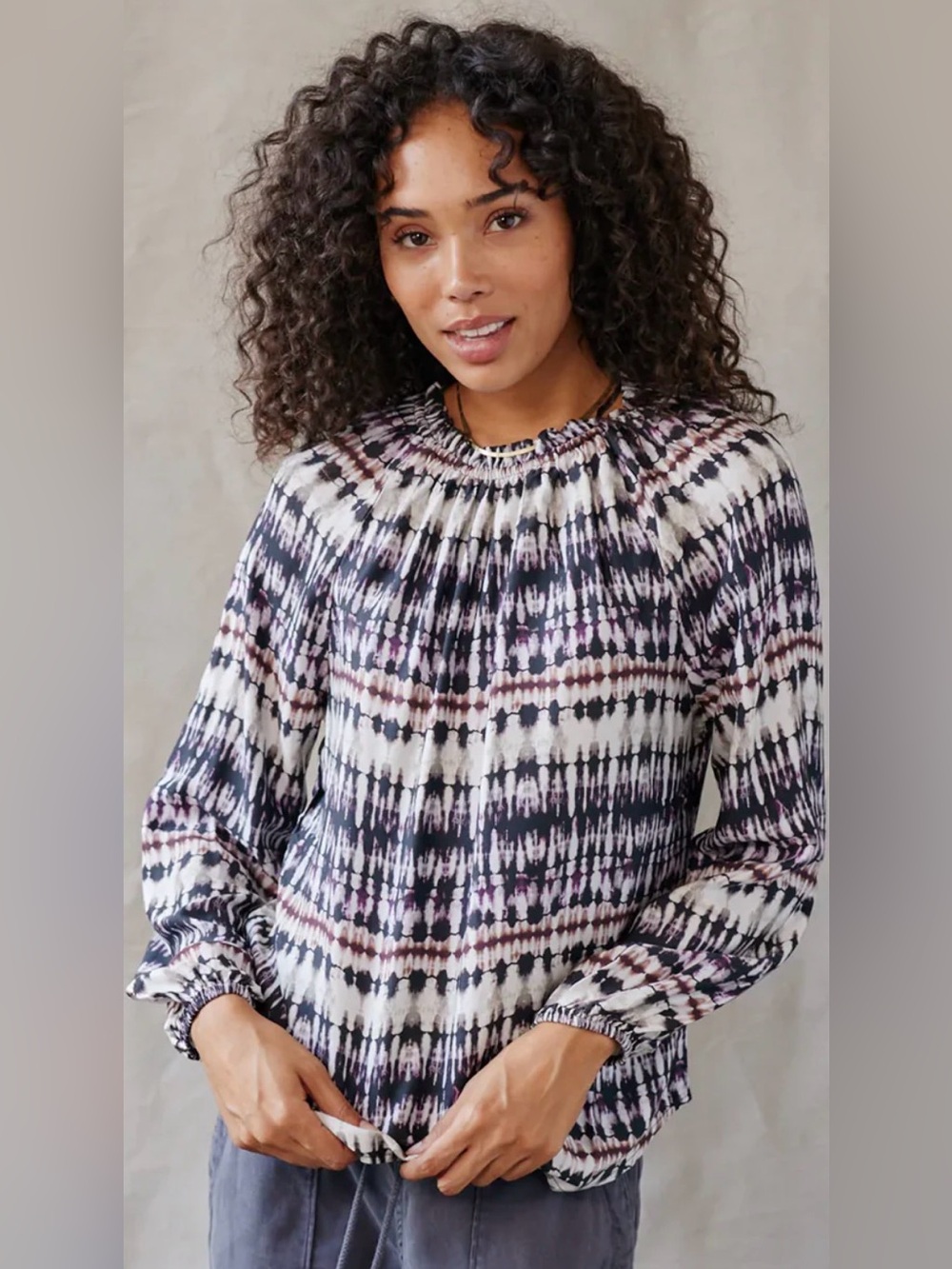 Tie-Dye Smocked Neck Long-Sleeve Top - White & Navy